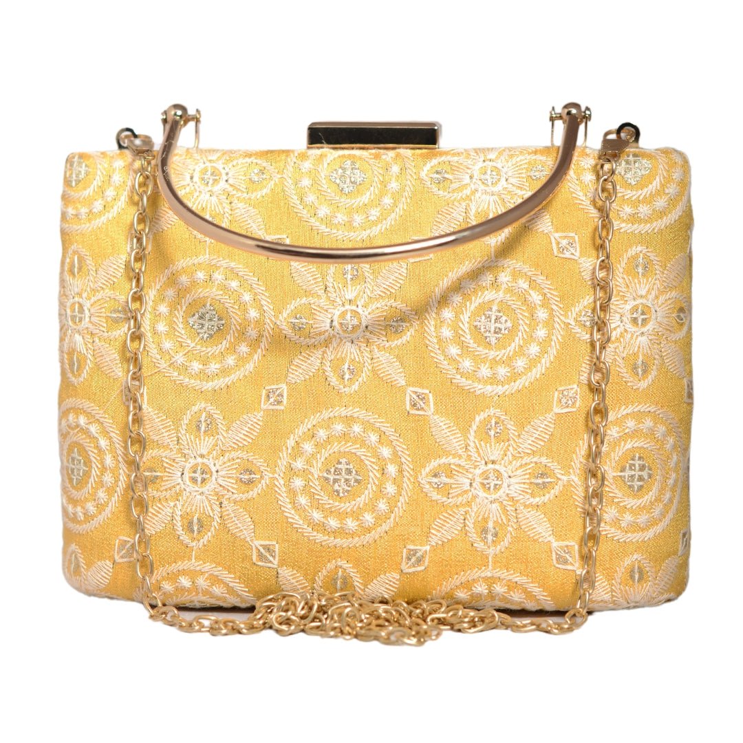 Yellow Multipattern Floral Embroidery Clutch