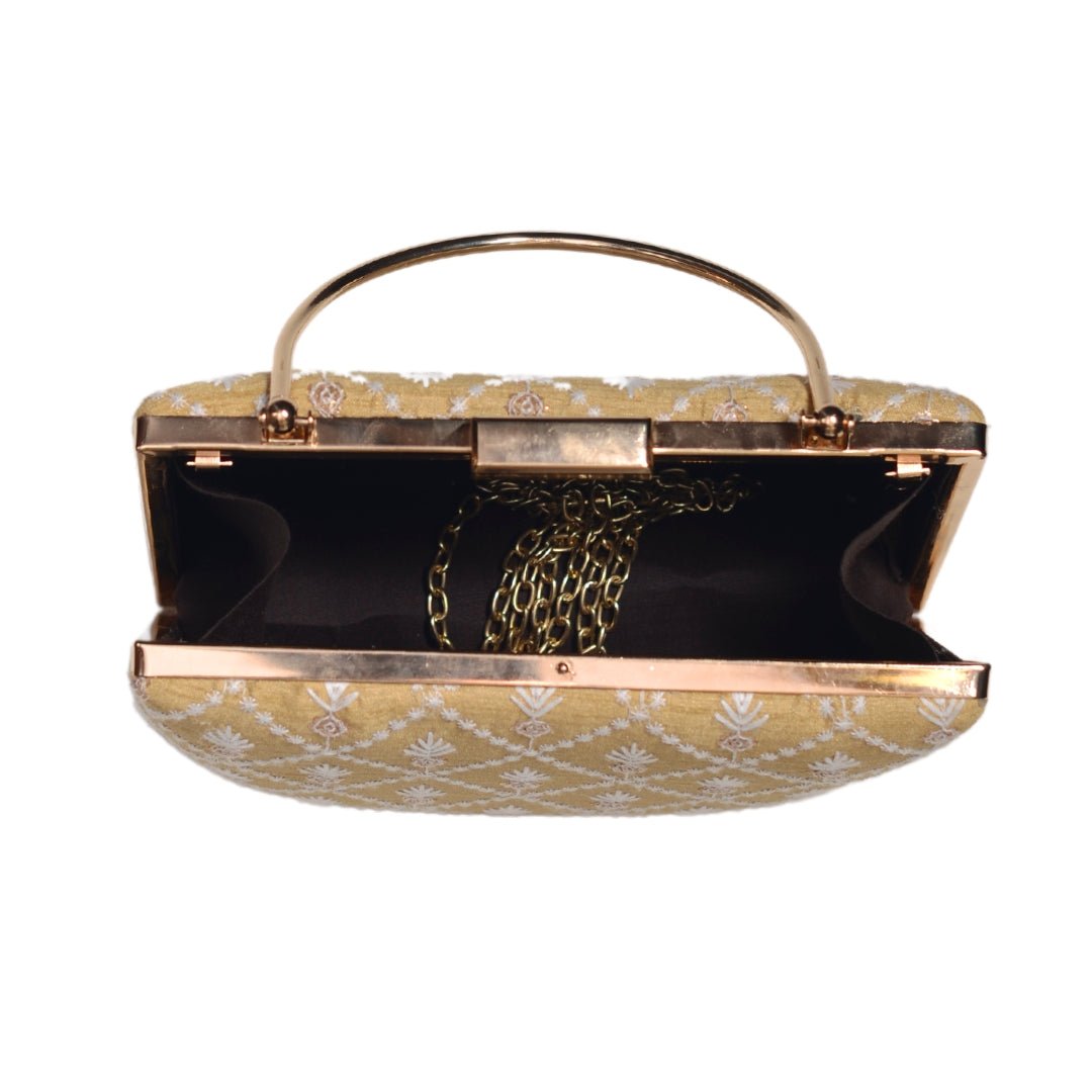 Beige Floral And Checks Embroidery Clutch