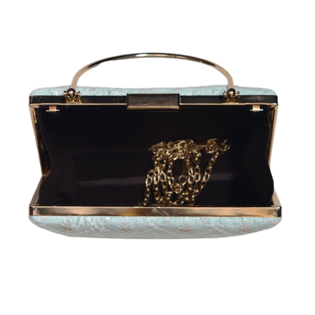 Sky Blue Floral And Check Embroidery Clutch