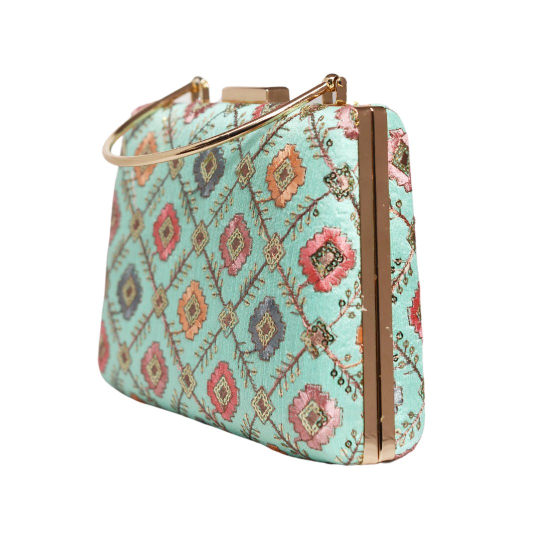 Turquoise Green Sequins Embroidery Clutch