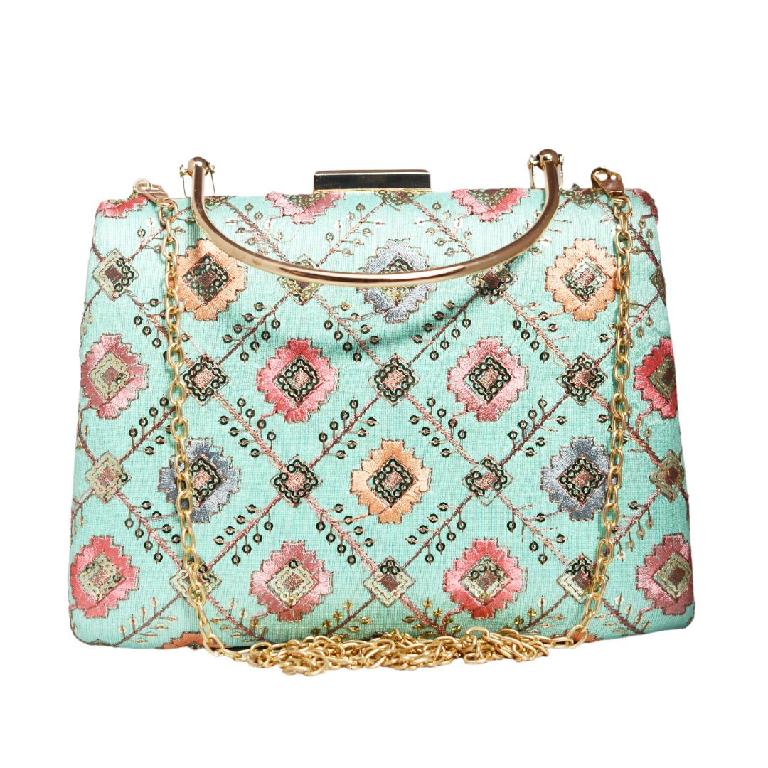 Turquoise Green Sequins Embroidery Clutch