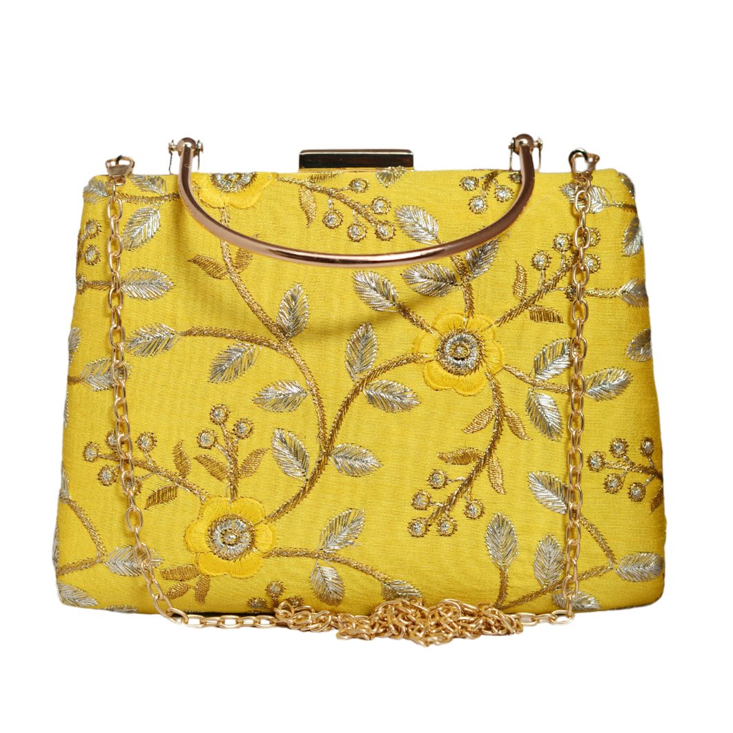 Yellow Floral Embroidery Clutch