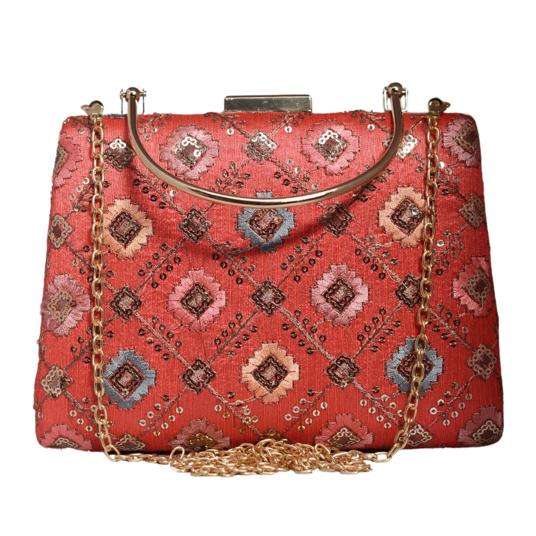 Red Sequins Embroidery Clutch