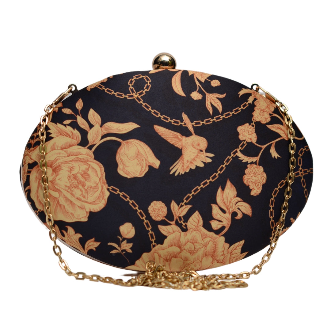 Black Based Floral Printed Oval Clutch