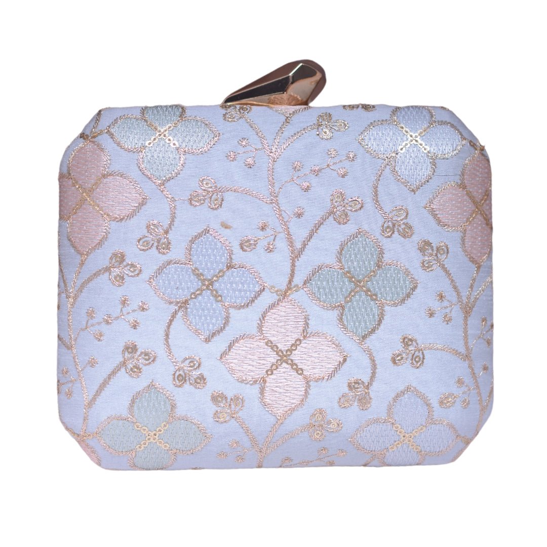 White Floral Sequins Embroidery Fabric Clutch