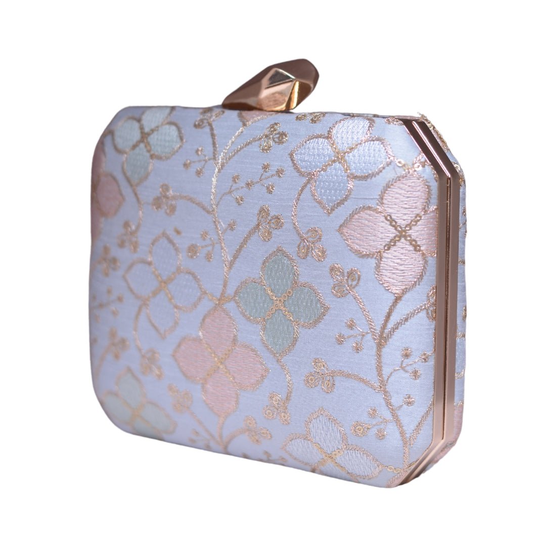 White Floral Sequins Embroidery Fabric Clutch