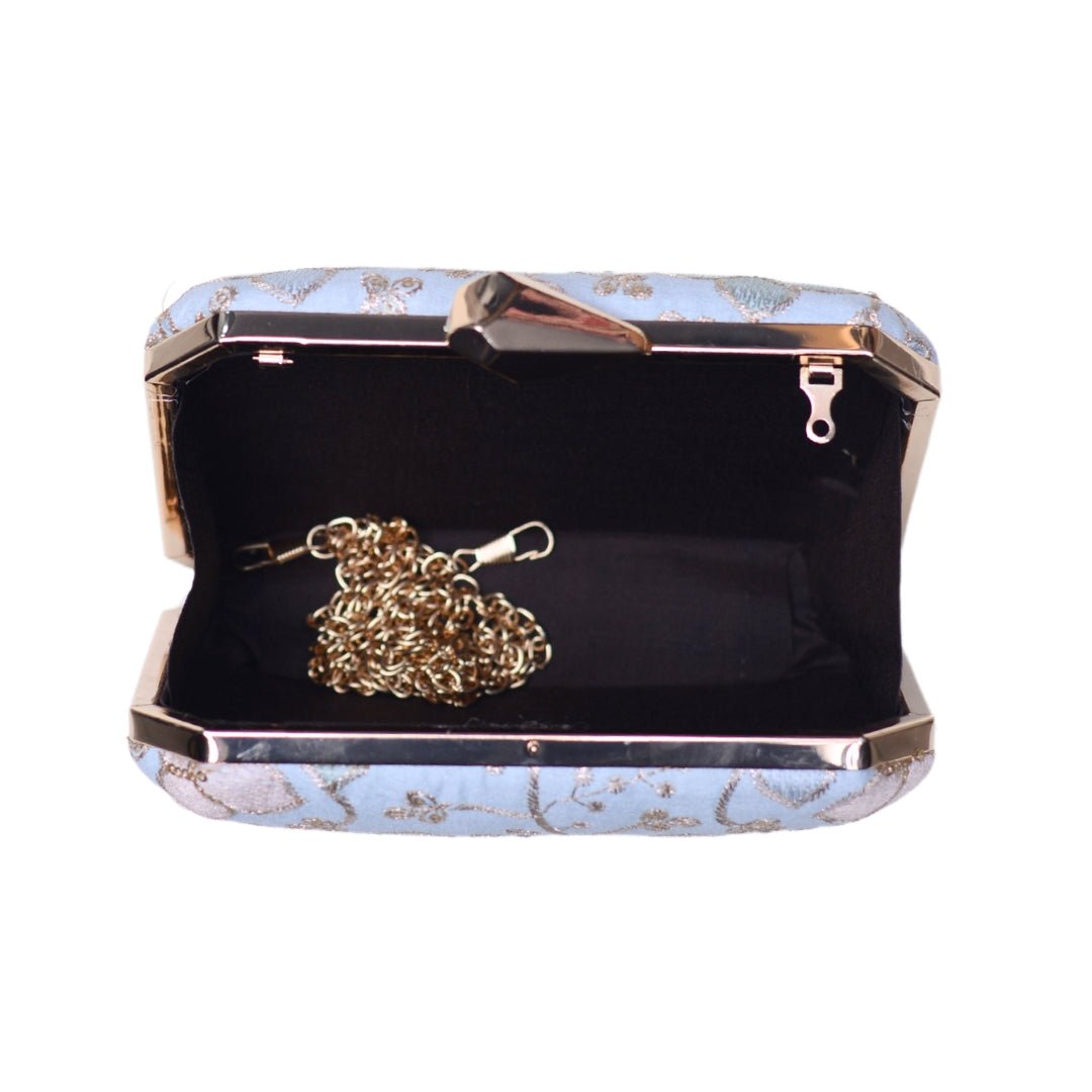 White Floral Sequins Embroidery Fabric Clutch