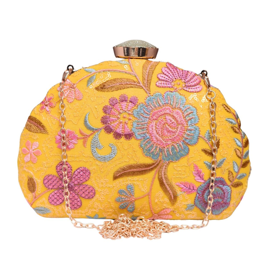 Yellow Floral Threadwork Party Clutch