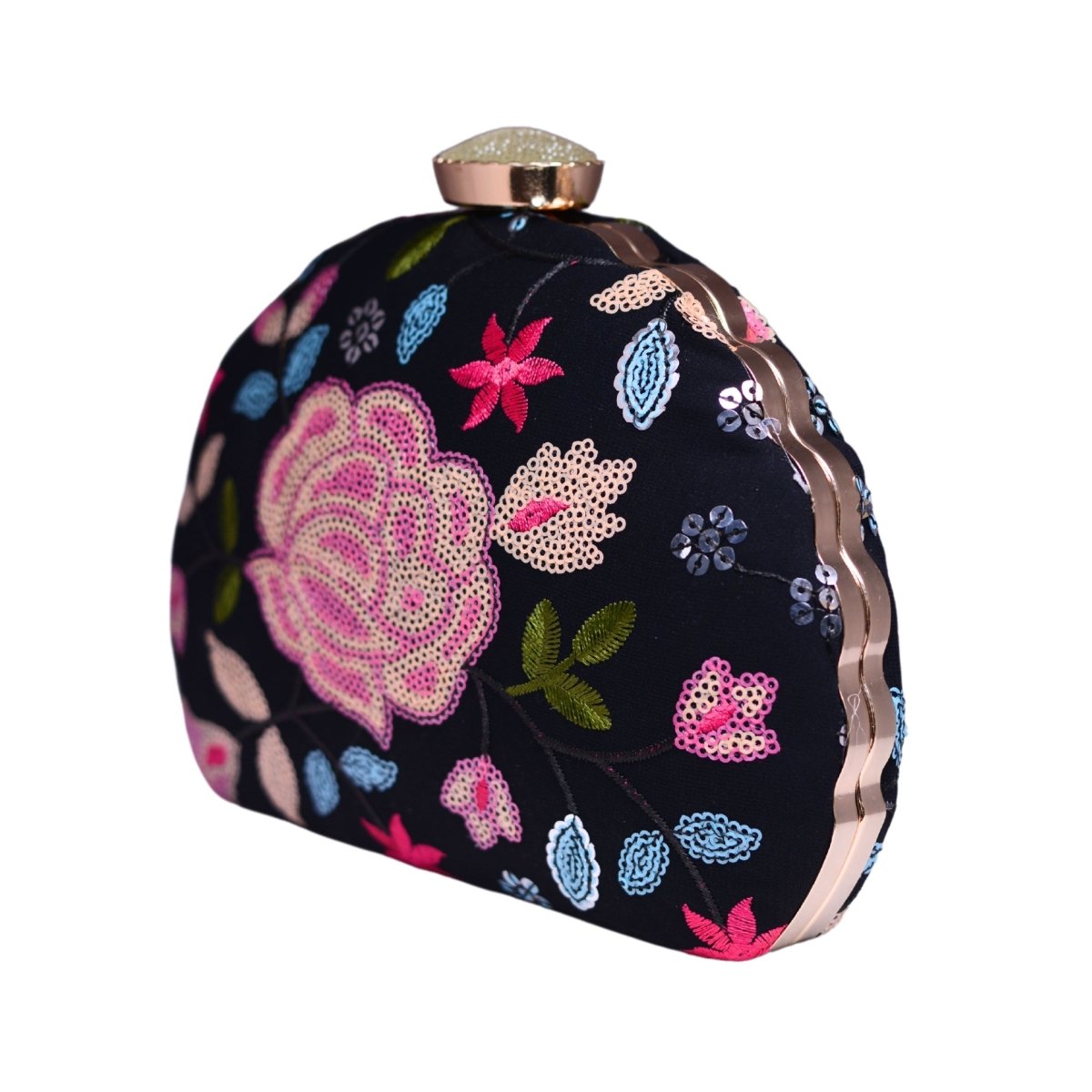 Black Floral Sequins Embroidery Party Clutch