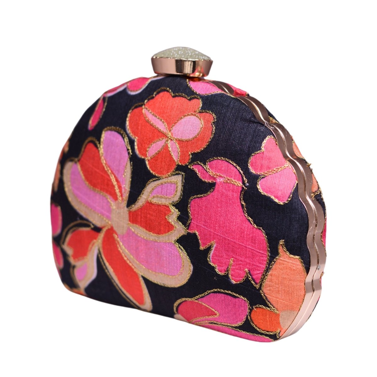 Black And Pink Floral Printed Fabric Clutch