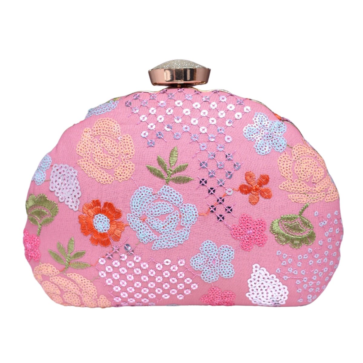 Pink Floral Sequins Embroidered Fabric Clutch