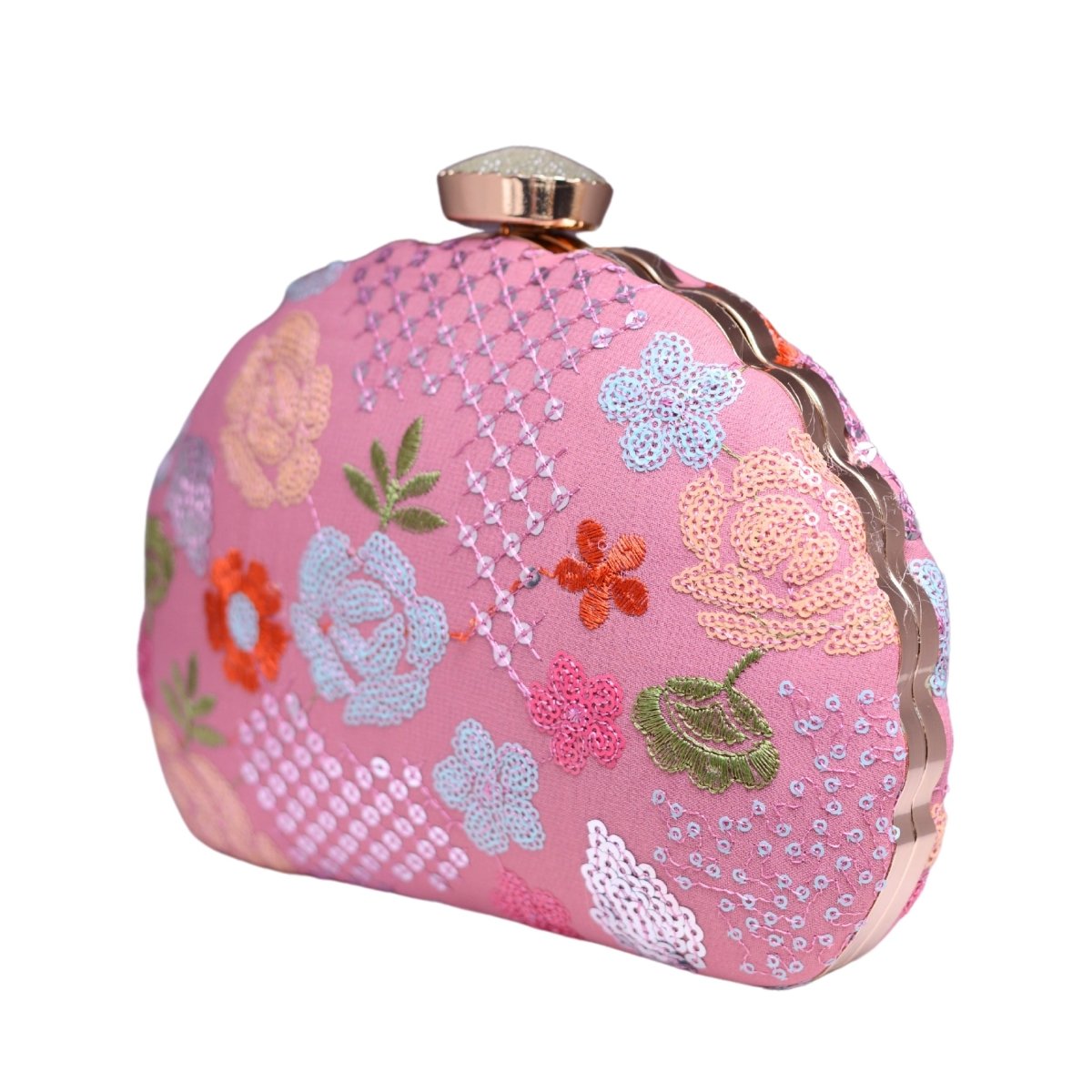 Pink Floral Sequins Embroidered Fabric Clutch