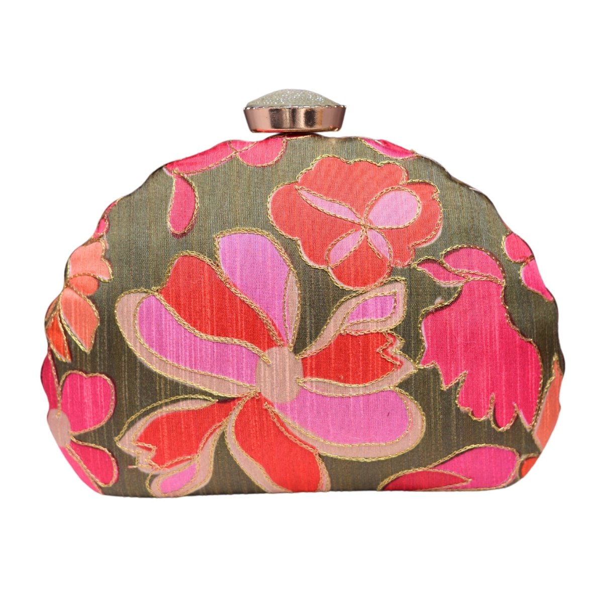 Olive Green And Pink Floral Printed Fabric Clutch