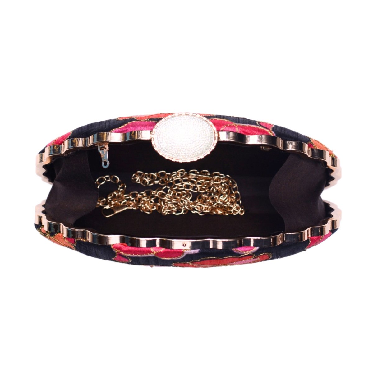 Black And Pink Floral Printed Fabric Clutch