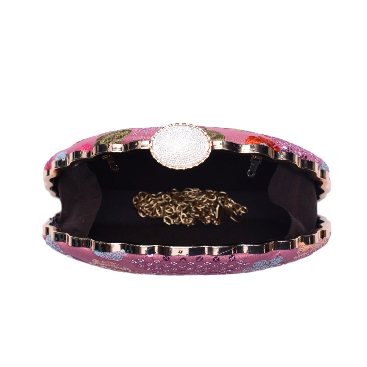 Pink Floral Sequins Embroidered Fabric Clutch