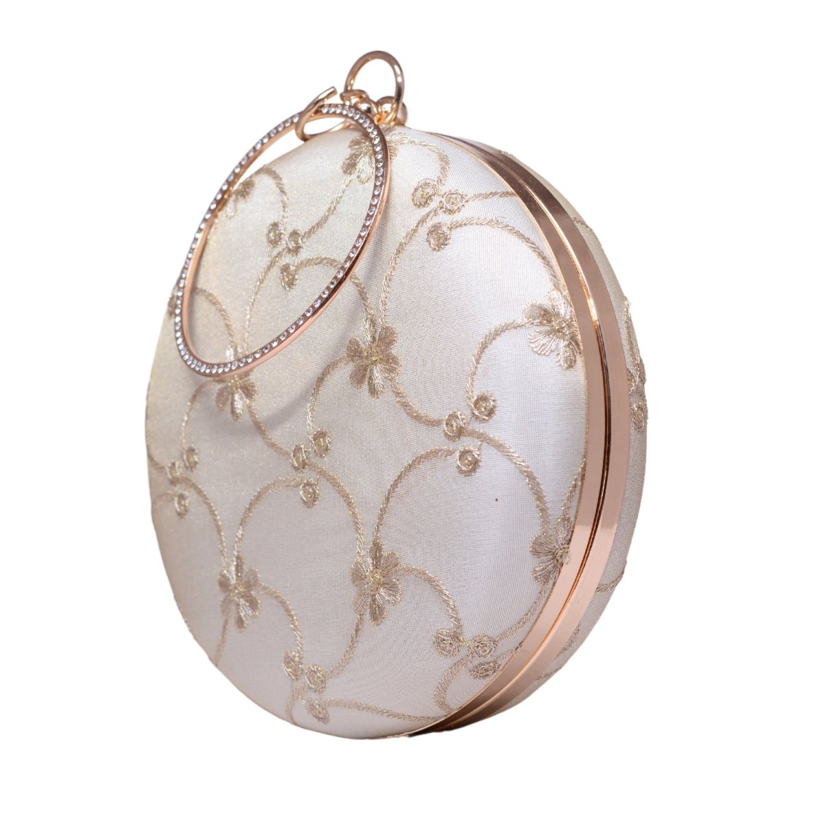 White And Beige Thread Embroidery Fabric Clutch