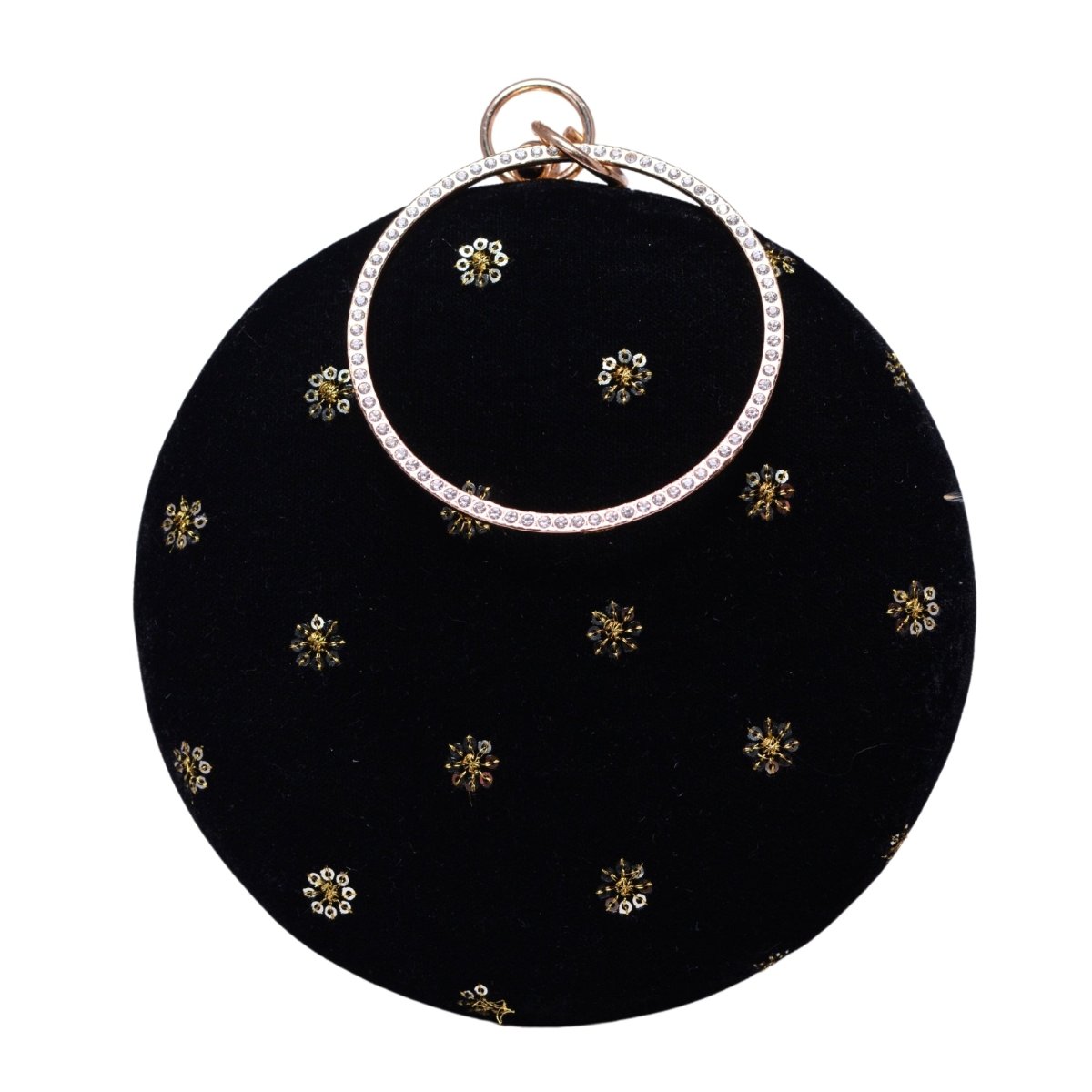 Black Sequins Embroidery Fabric Round Clutch