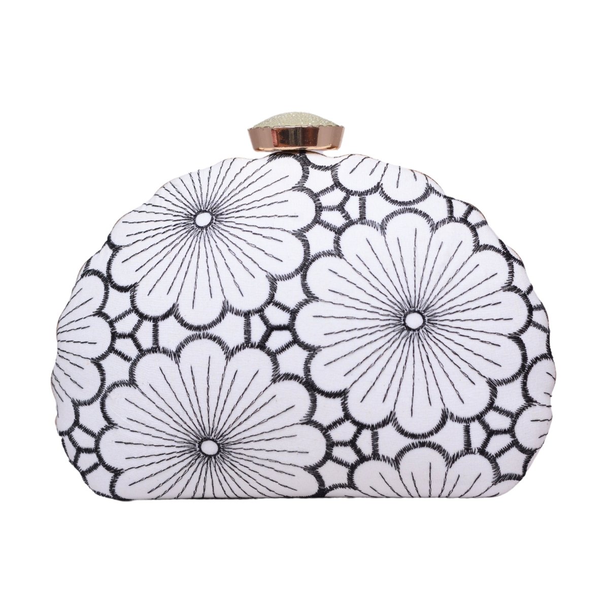 White And Grey Floral Embroidery Fabric Clutch