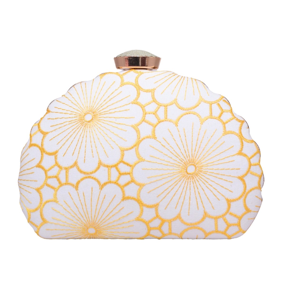 White And Yellow Floral Embroidery Party Clutch