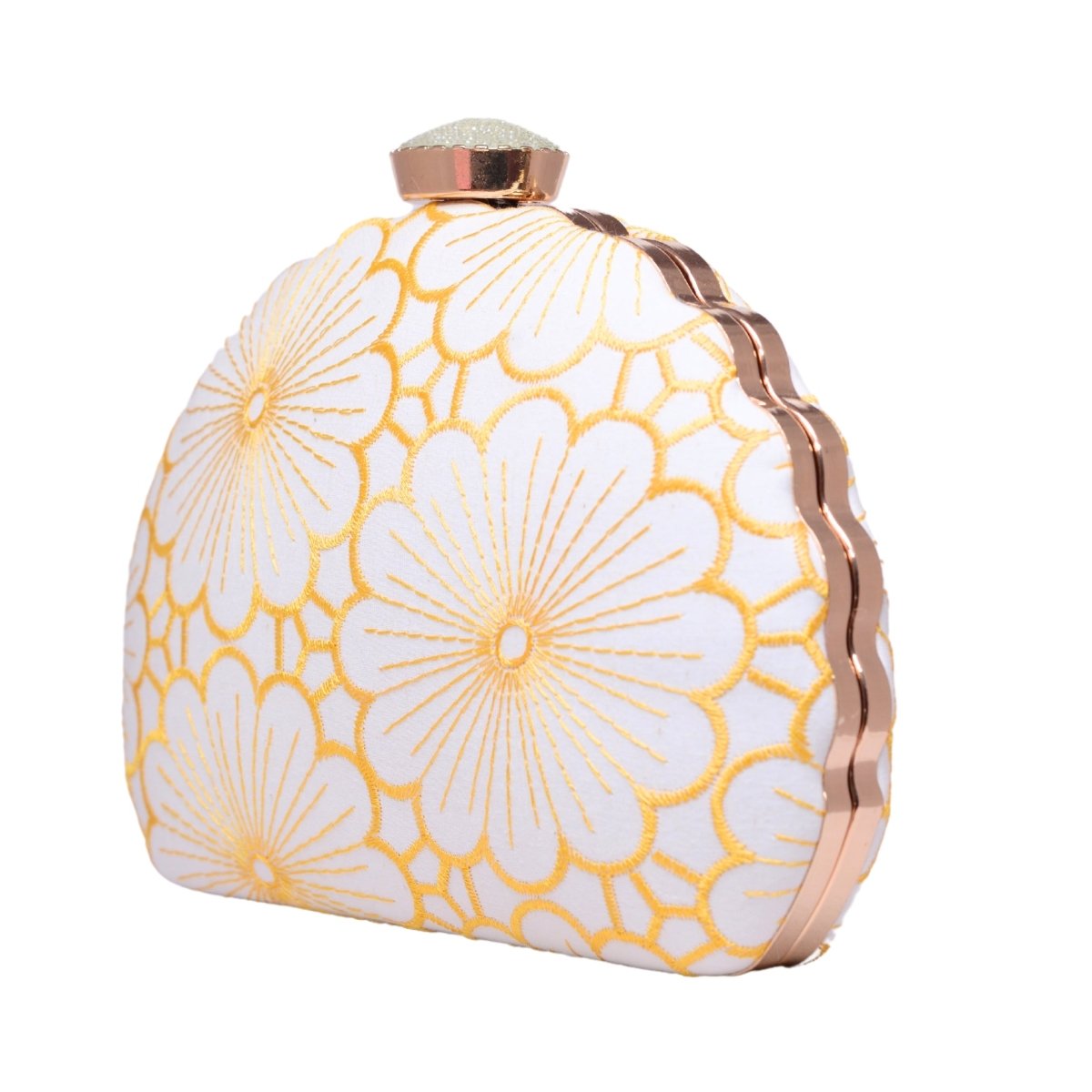 White And Yellow Floral Embroidery Party Clutch