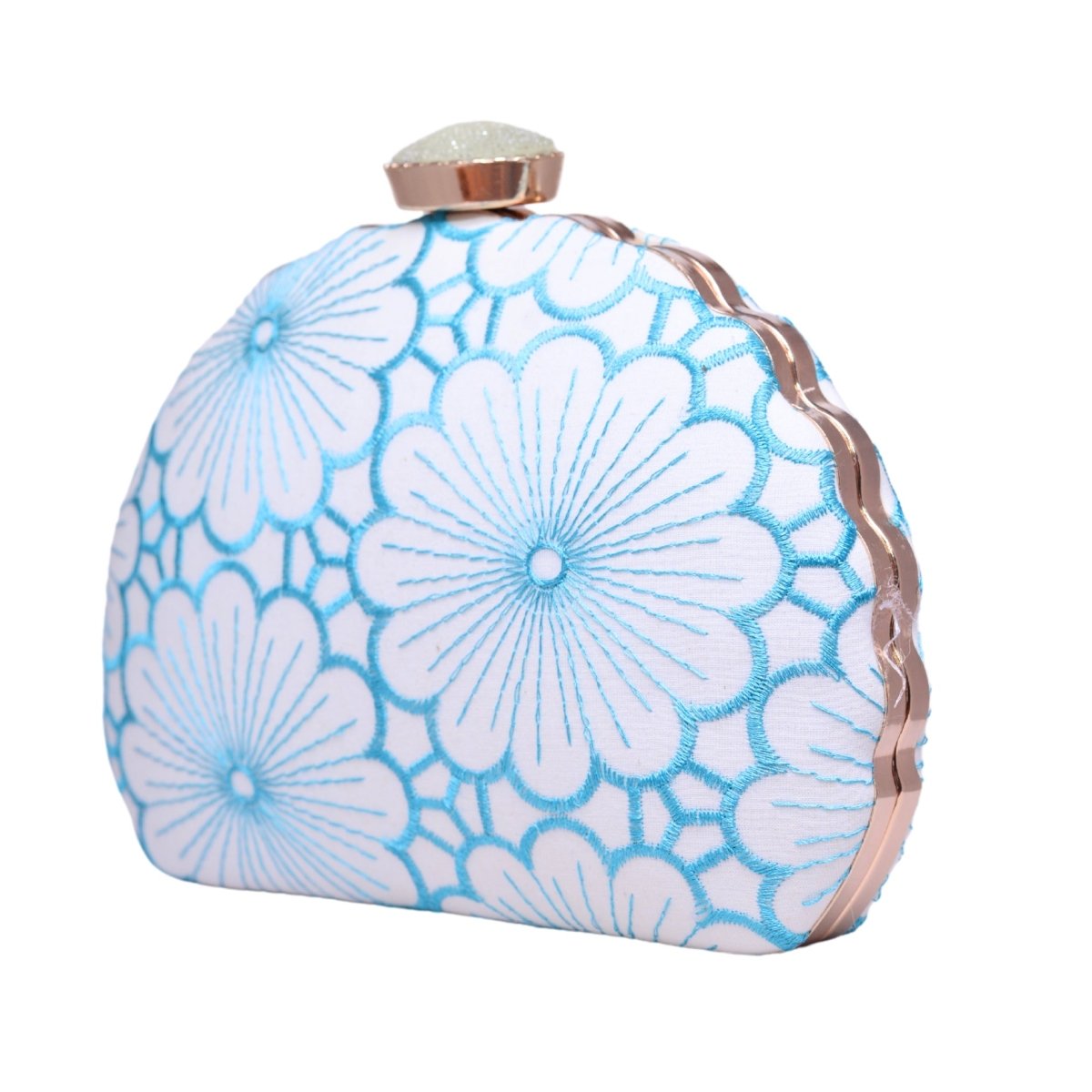 White And Blue Floral Threadwork Fabric Clutch
