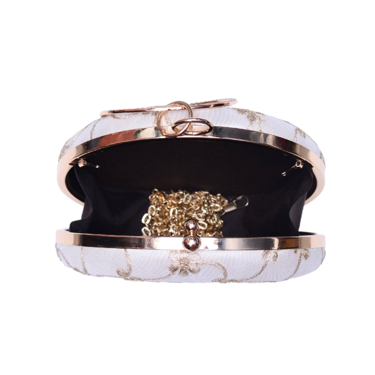 White And Beige Thread Embroidery Fabric Clutch