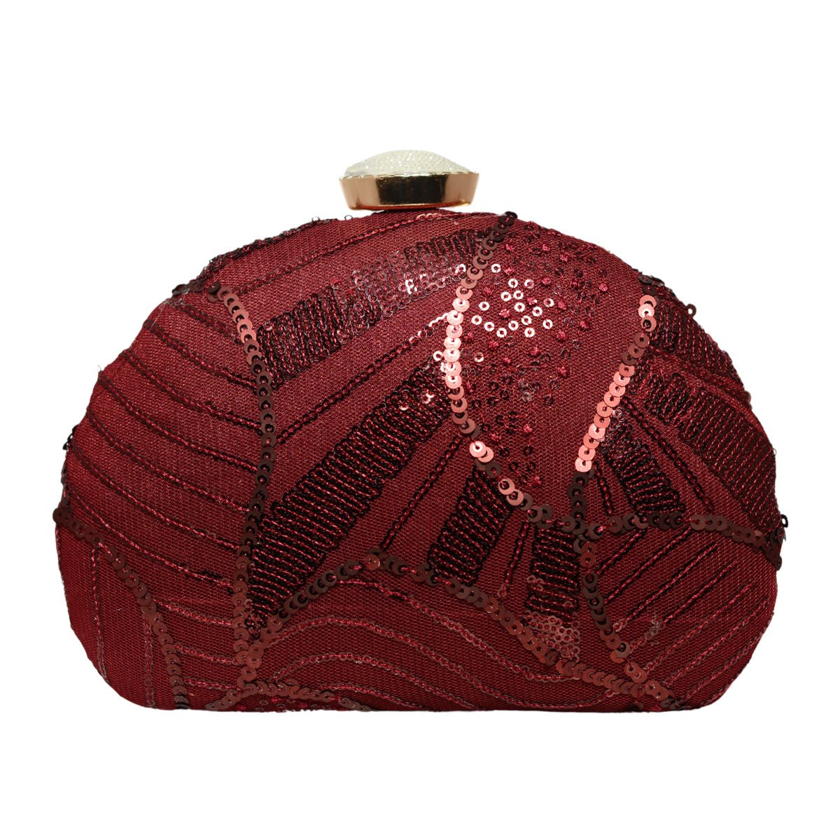 Maroon Sequins Embroidery Half Moon Clutch