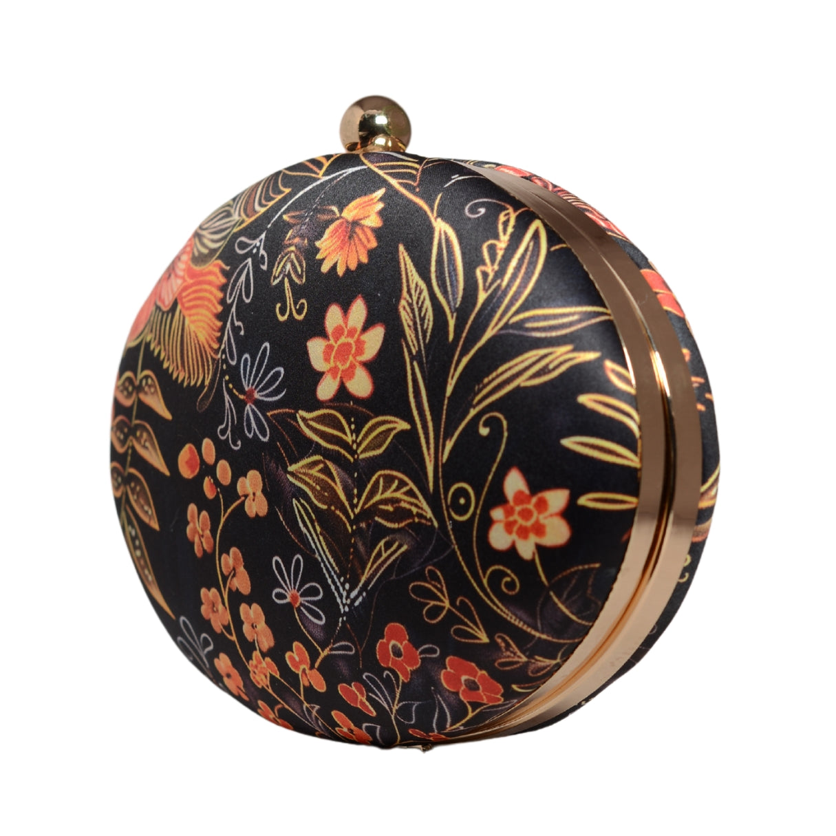 Orange Floral And Leaves Printed Oval Clutch