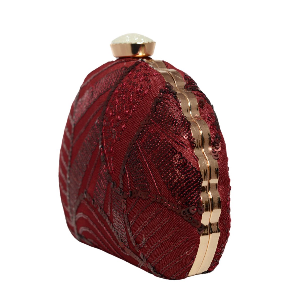 Maroon Sequins Embroidery Half Moon Clutch