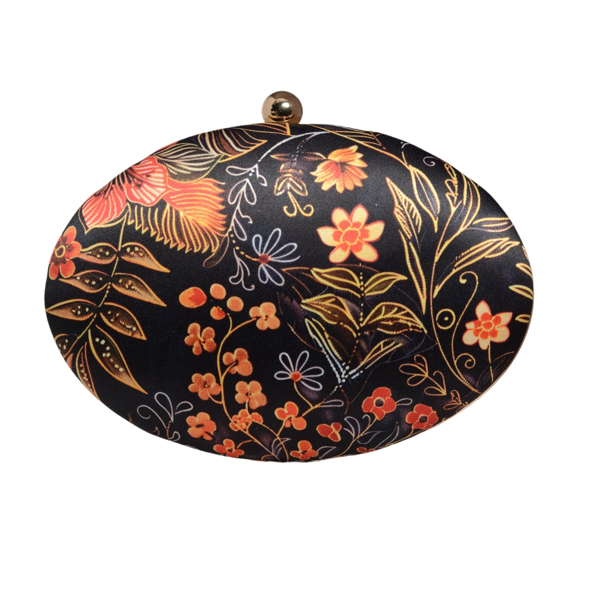 Orange Floral And Leaves Printed Oval Clutch