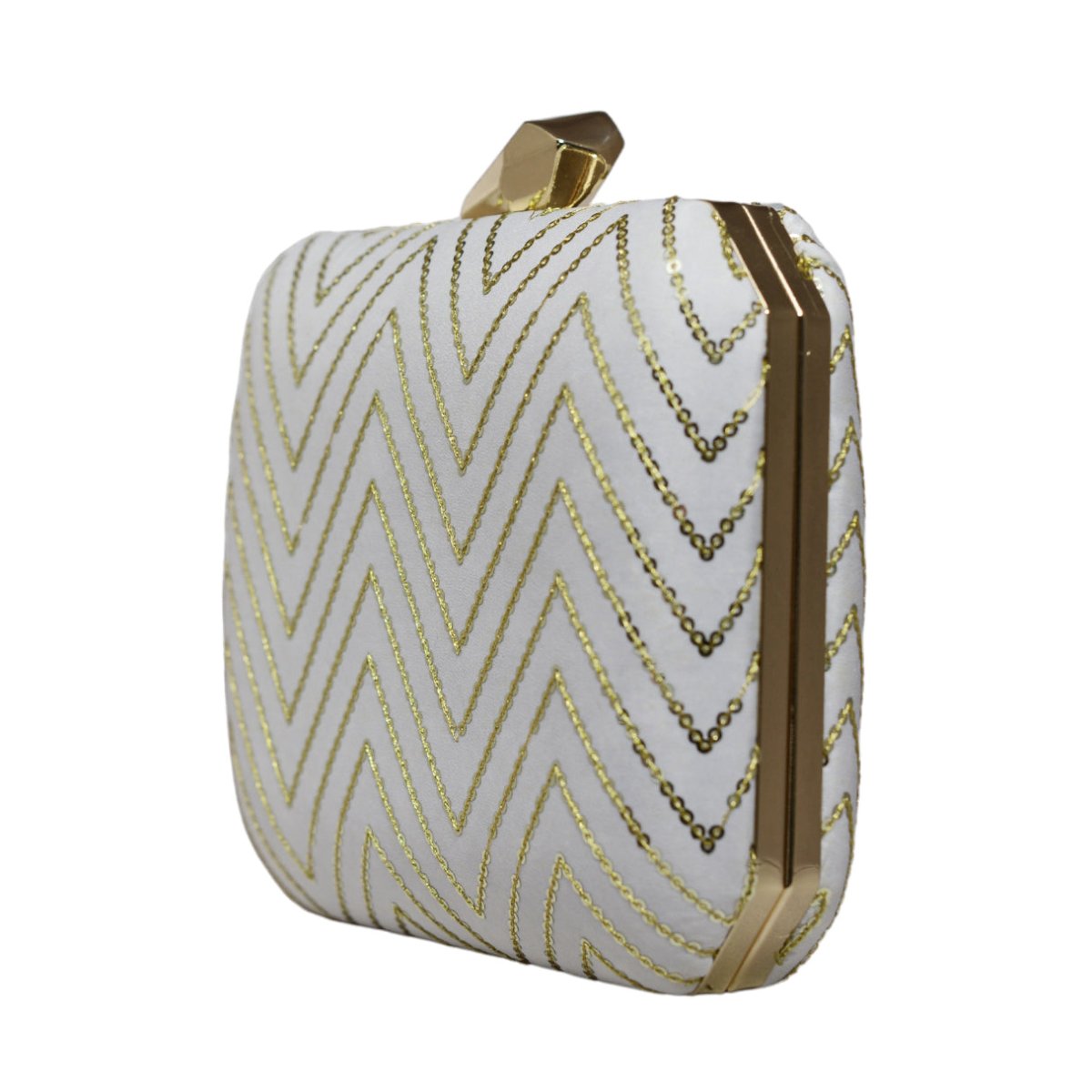 White Sequins Zigzag Embroidery Clutch