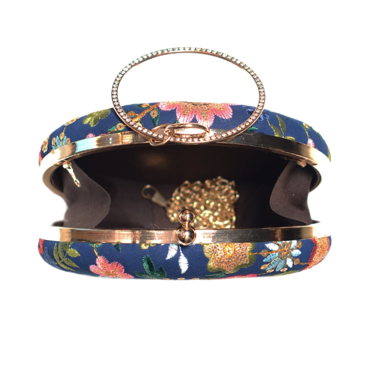 Blue Floral Embroidery Round Clutch