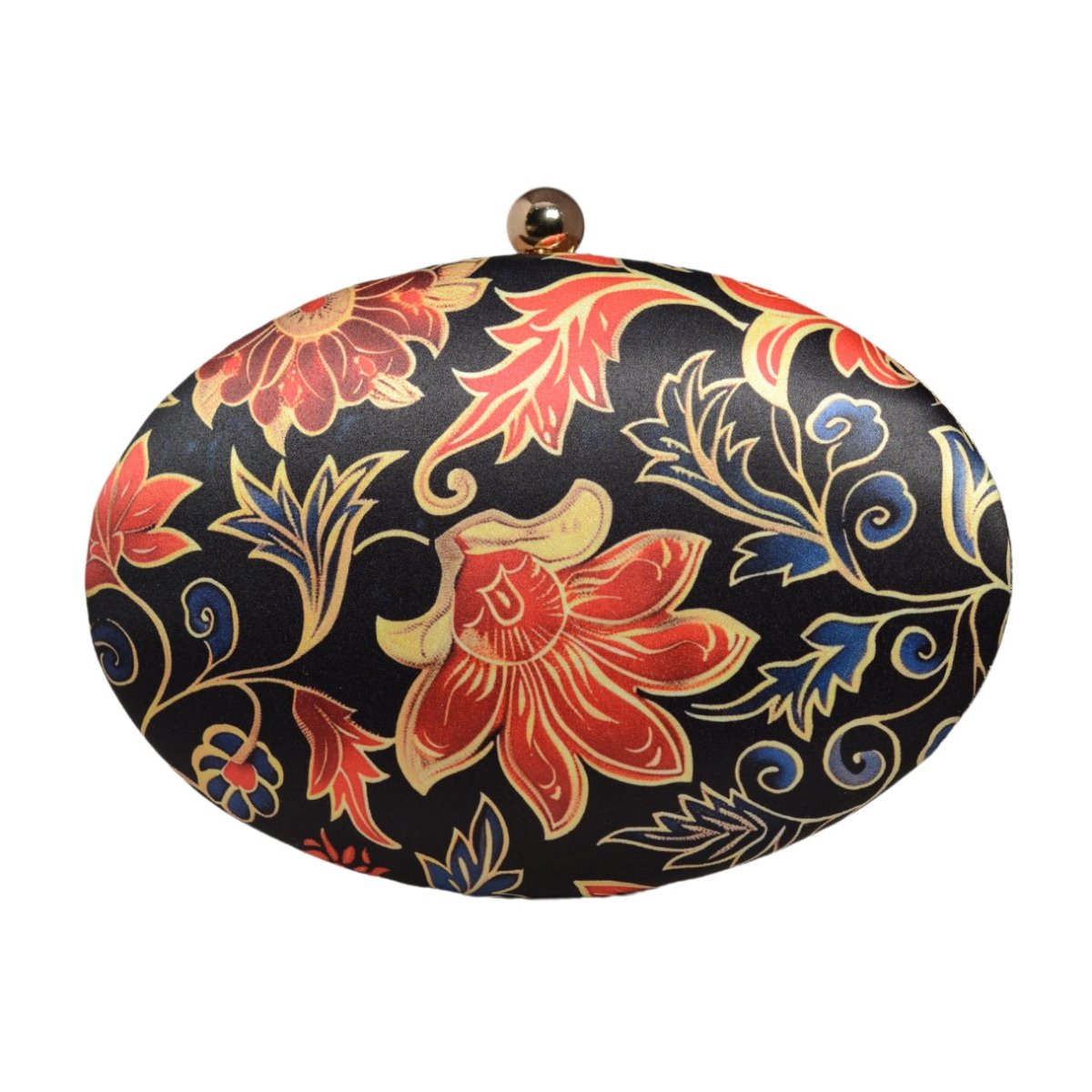 Red And Golden Floral Printed Oval Clutch