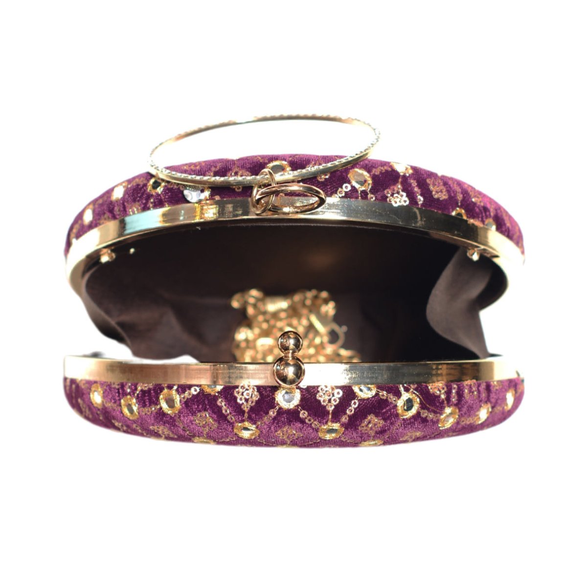 Maroon Mirror Sequins Embroidery Round Clutch