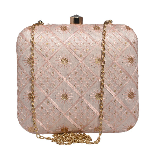 Baby Pink Box Pattern Sequins Embroidery Clutch