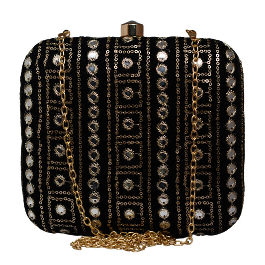 Black Mirror Sequins Embroidery Clutch