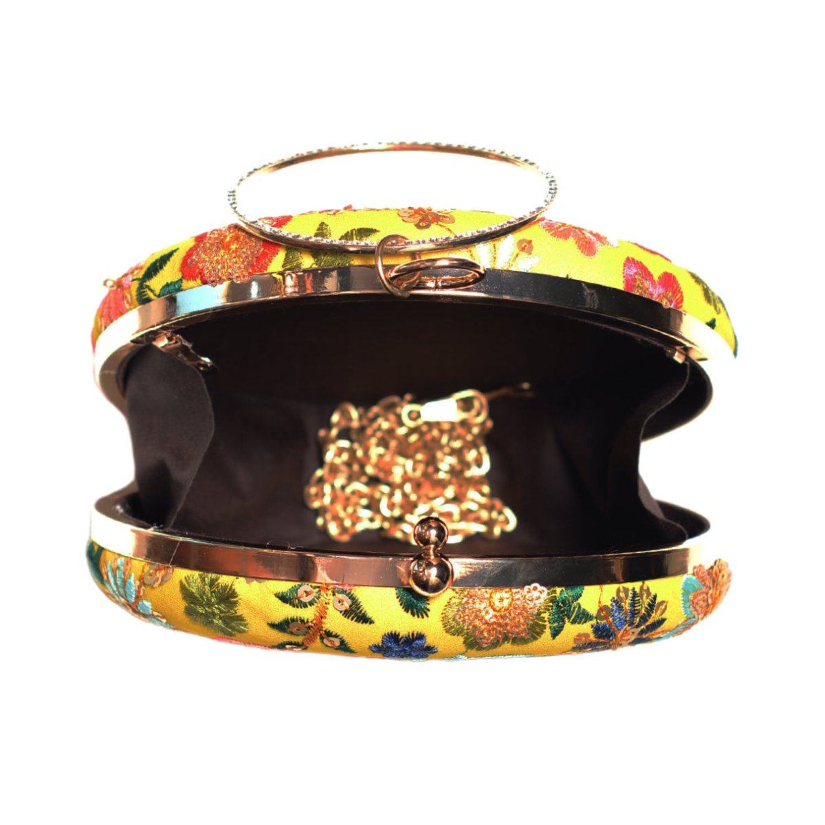 Yellow Floral Embroidery Round Clutch
