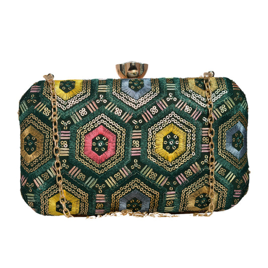 Green Rectangle Sequins Embroidery Clutch