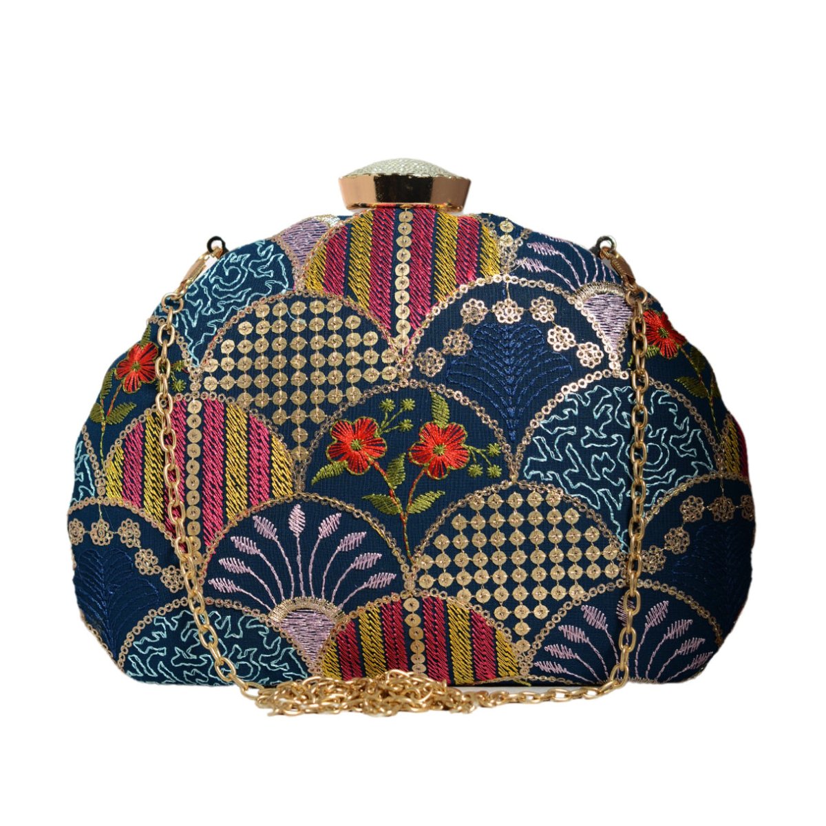 Blue Sequins Embroidery Half Moon Clutch