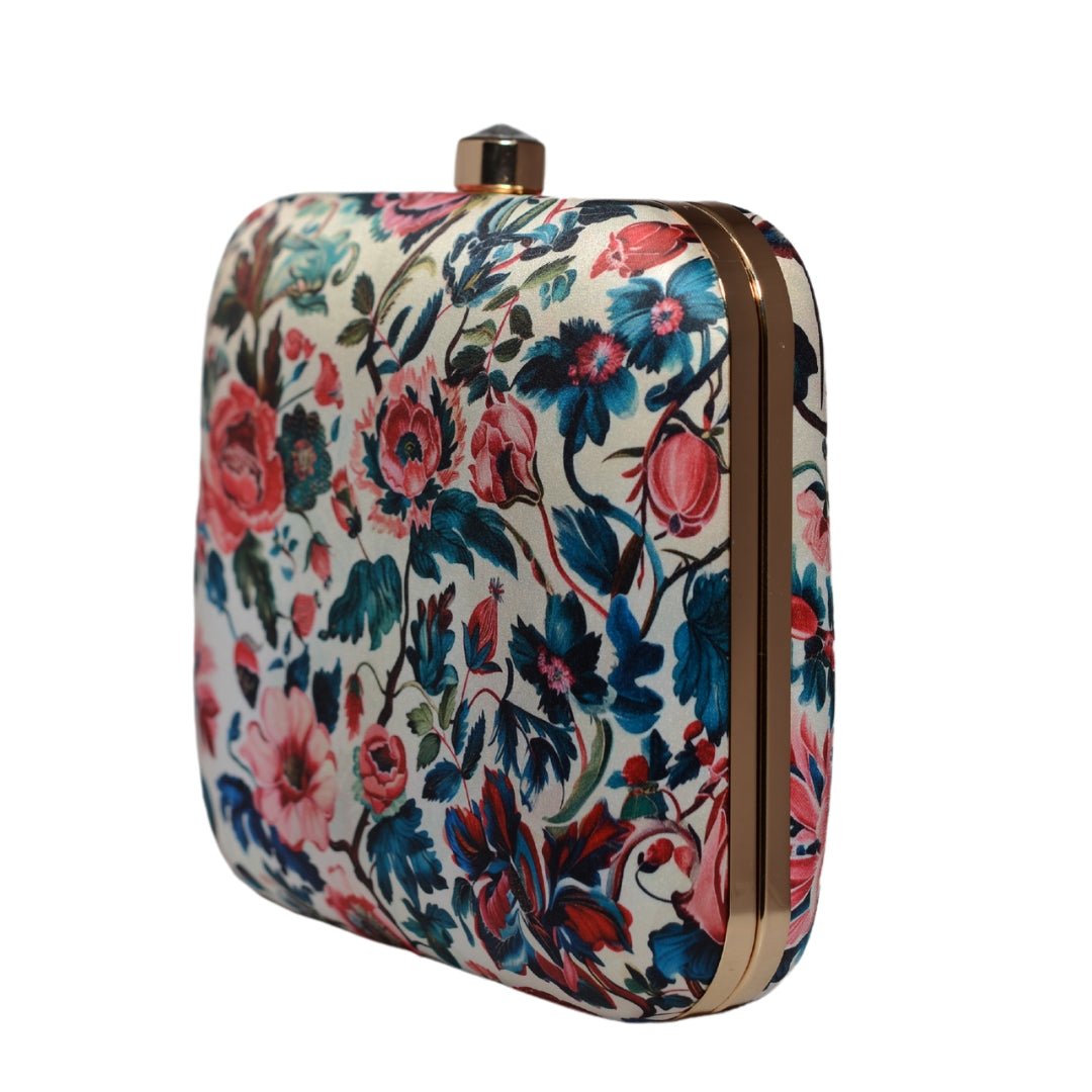 White Based Pink Floral Printed Clutch