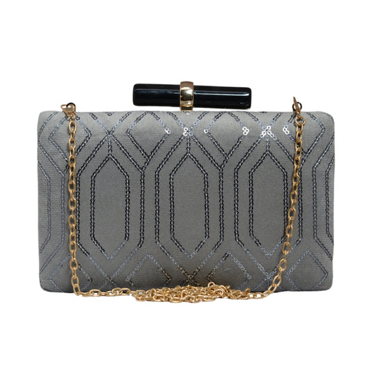 Grey Box Pattern Sequins Embroidery Clutch
