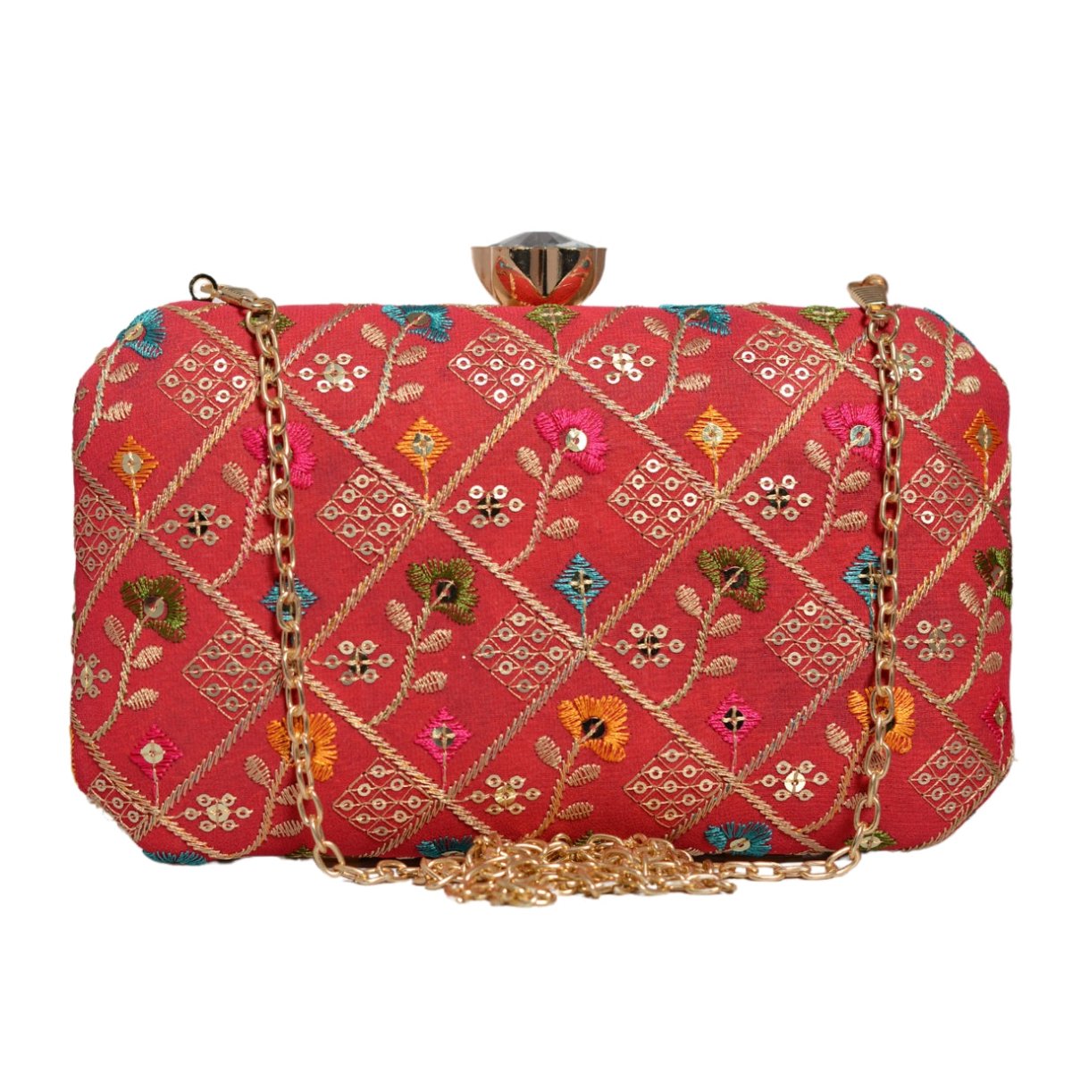 Red Sequins Floral Embroidery Party Clutch