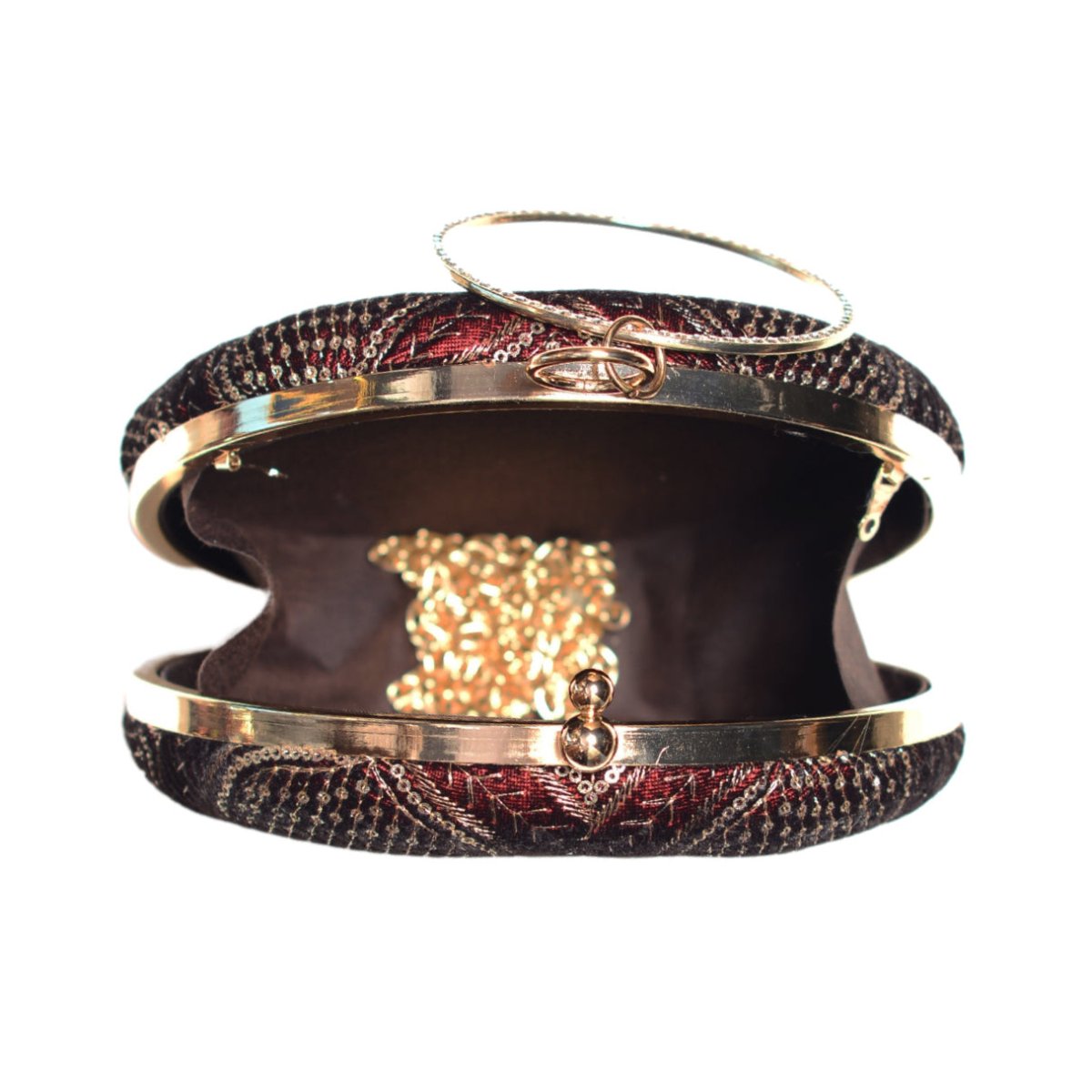 Maroon And Golden Sequins Embroidery Round Clutch