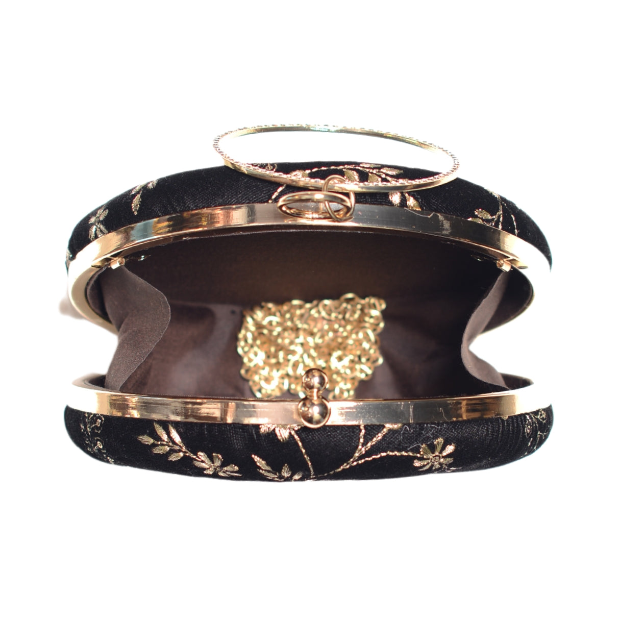 Black And Golden Floral Embroidery Round Clutch