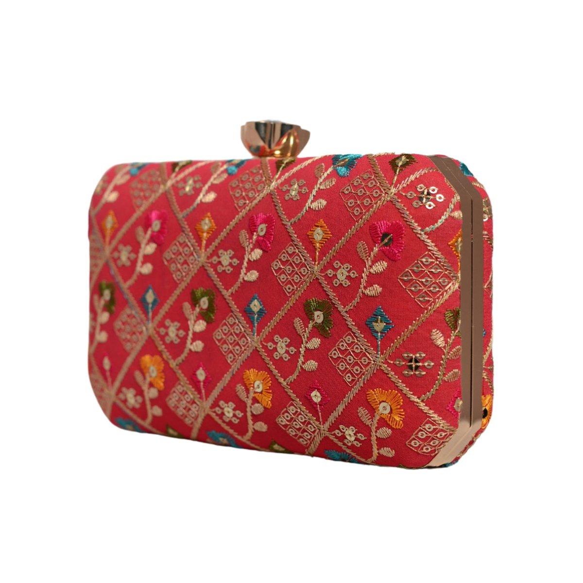 Red Sequins Floral Embroidery Party Clutch