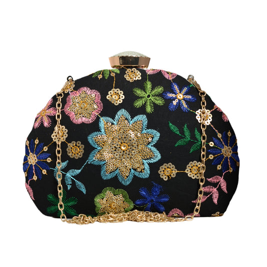 Black Floral Embroidery Half Moon Clutch