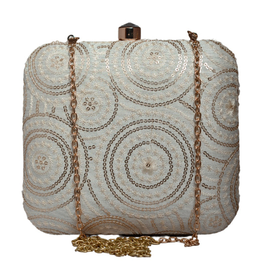 White Floral Sequins Embroidery Party Clutch