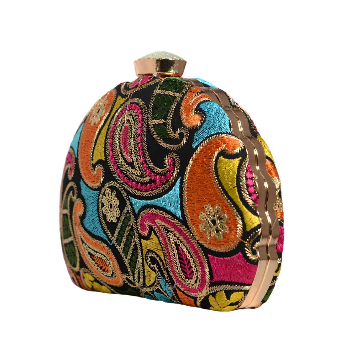 Multicolor Thread Embroidery Half Moon Clutch