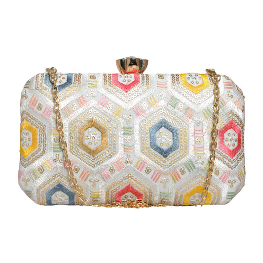 White Rectangle Sequins Embroidery Clutch