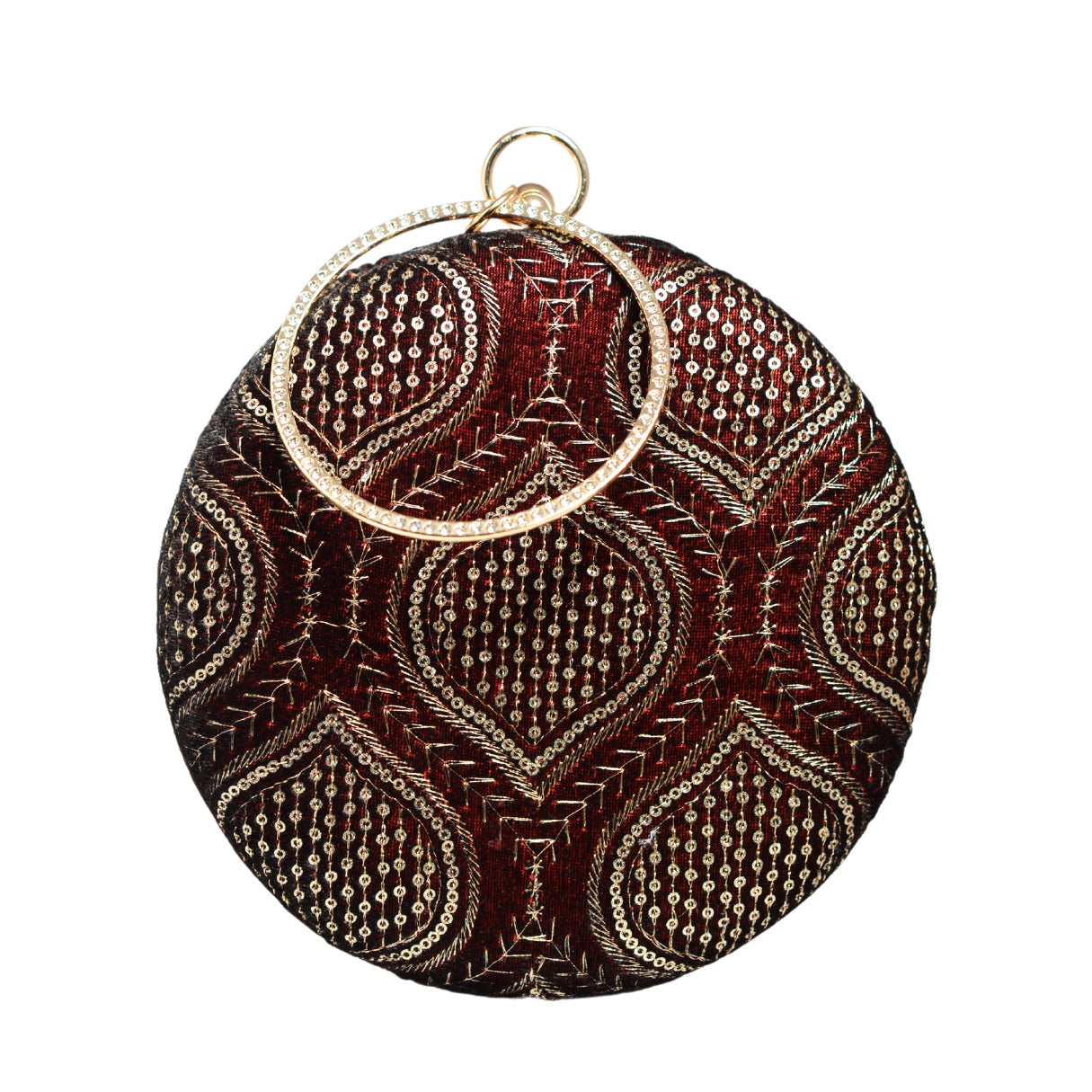 Maroon And Golden Sequins Embroidery Round Clutch